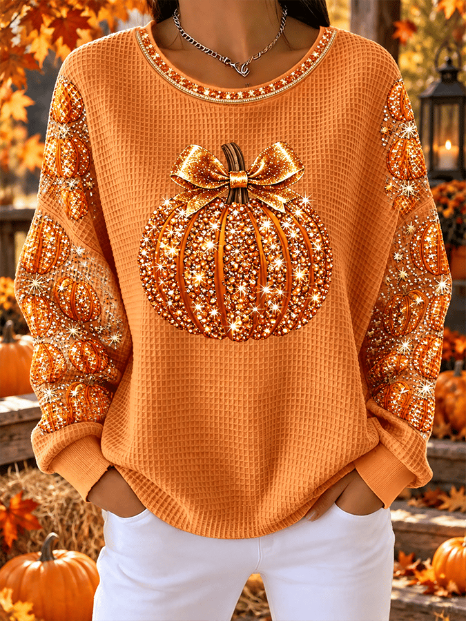 Sparkle Pumpkin Print Waffle Sweatshirt in Orange