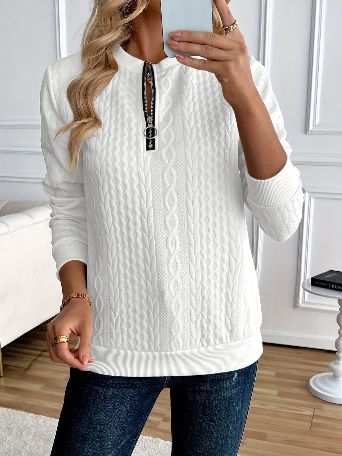 Women's Textured Quarter-Zip Sweatshirt in White