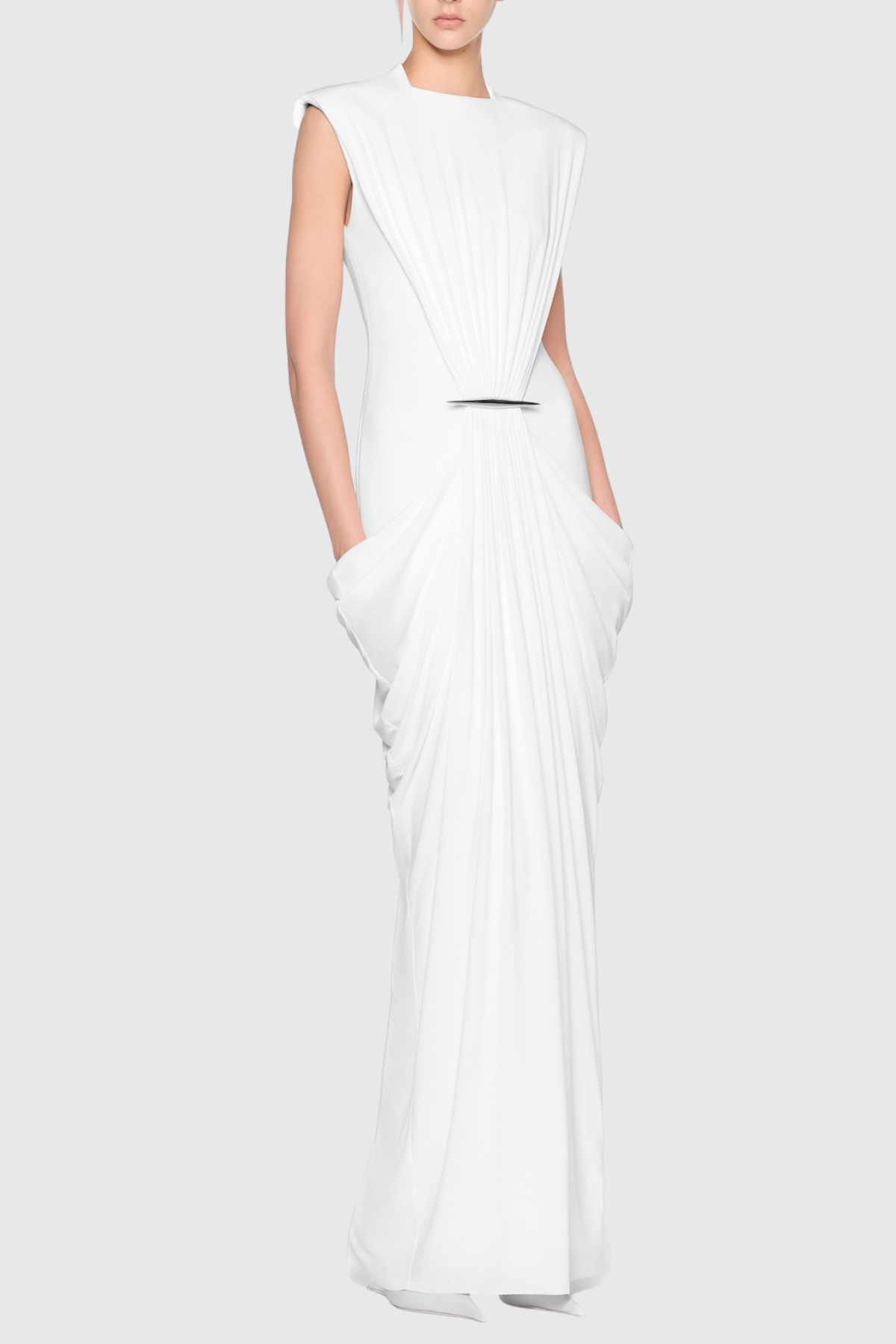 Ruched Metallic Sleeveless Maxi Dress, White
