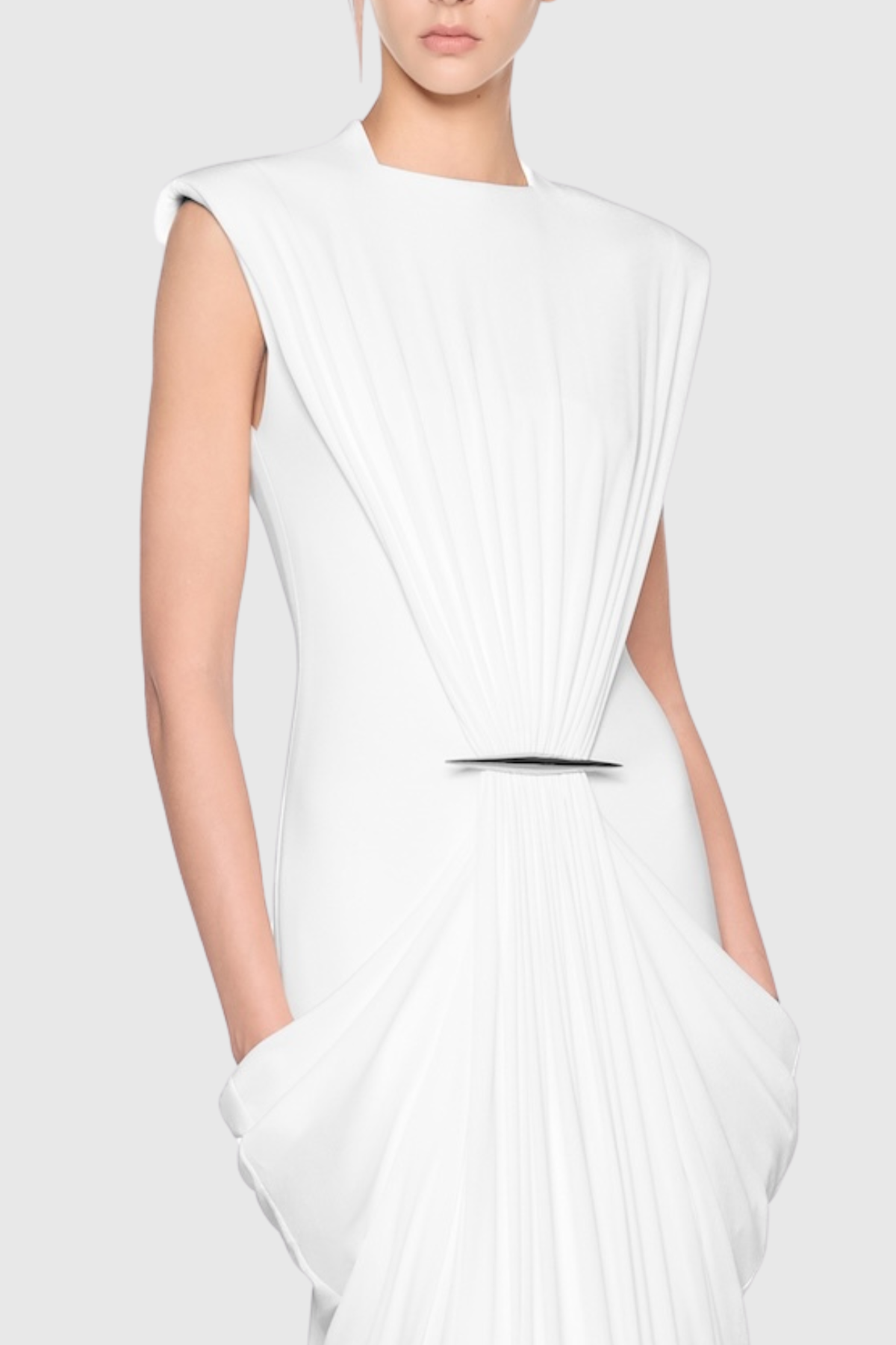 Ruched Metallic Sleeveless Maxi Dress, White
