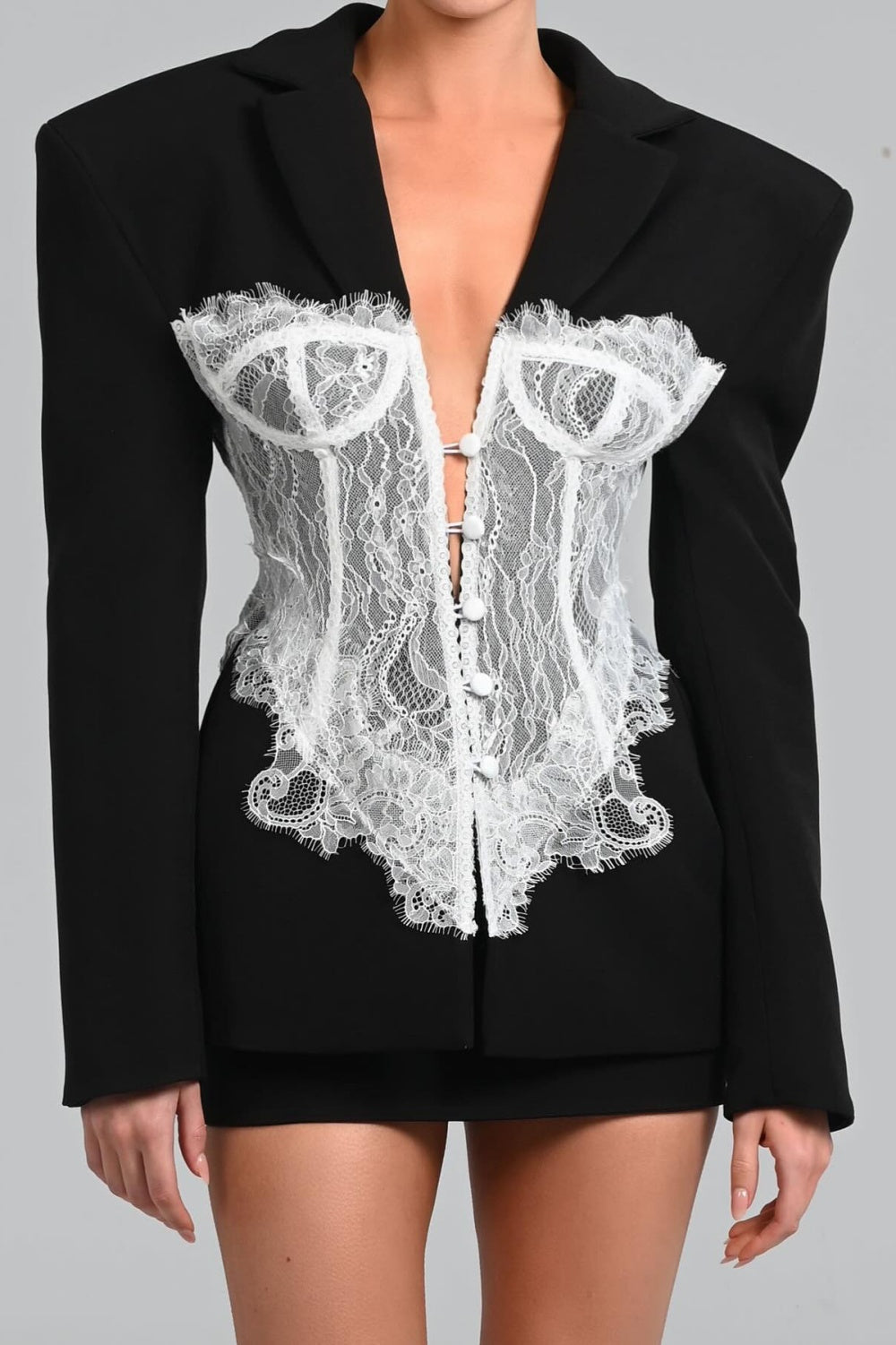 Lace Corset Blazer Dress, Black