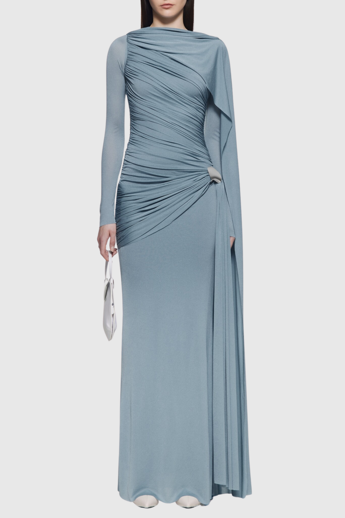 Asymmetric Ruched Long Sleeve Maxi Dress, Blue