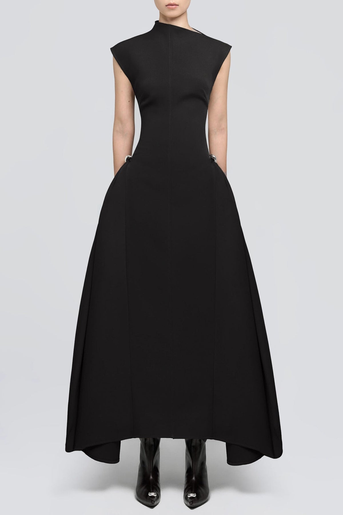 Draped Flared Midi Dress, Black