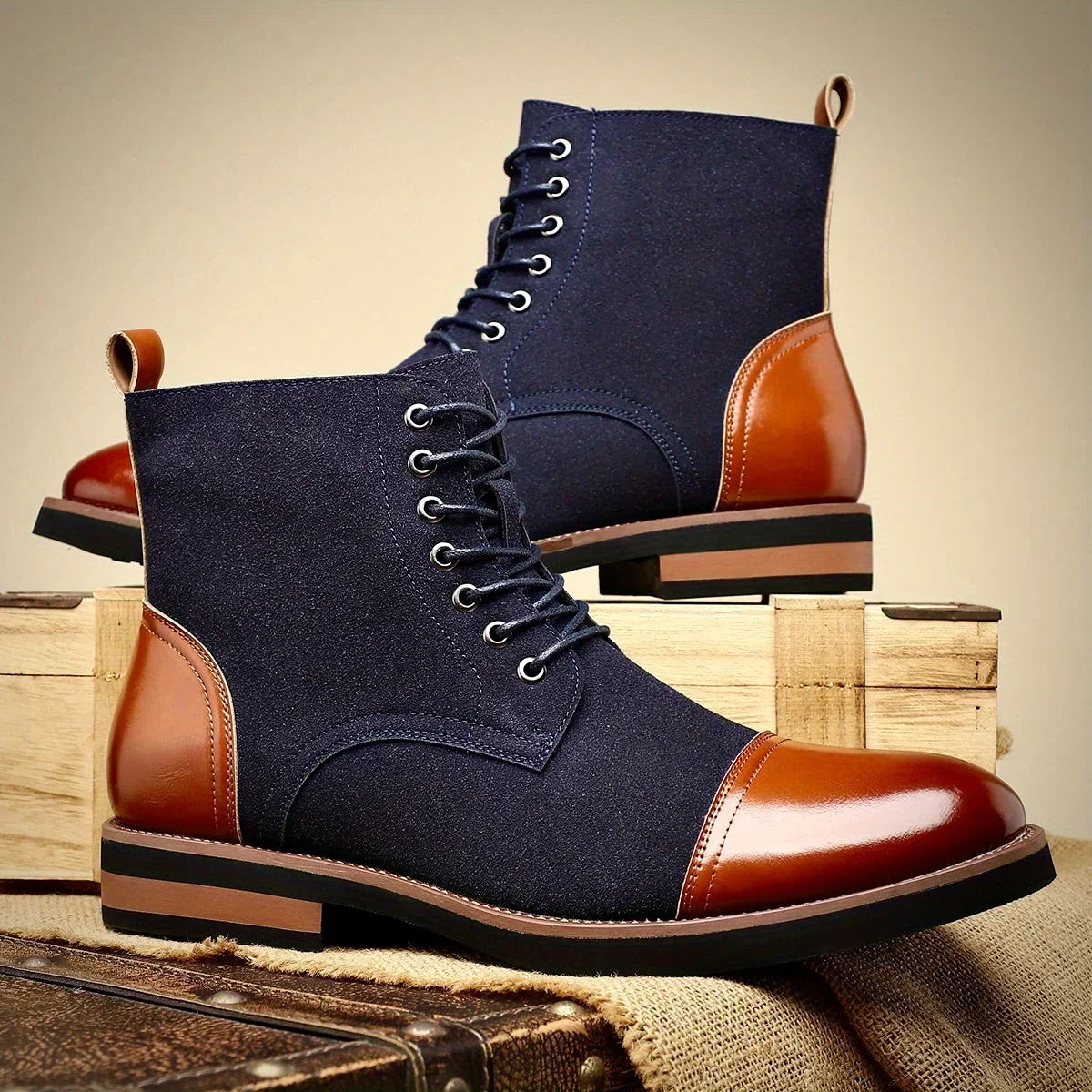 Men's Cap-Toe Oxford Lace-Up Boots in Deep Blue