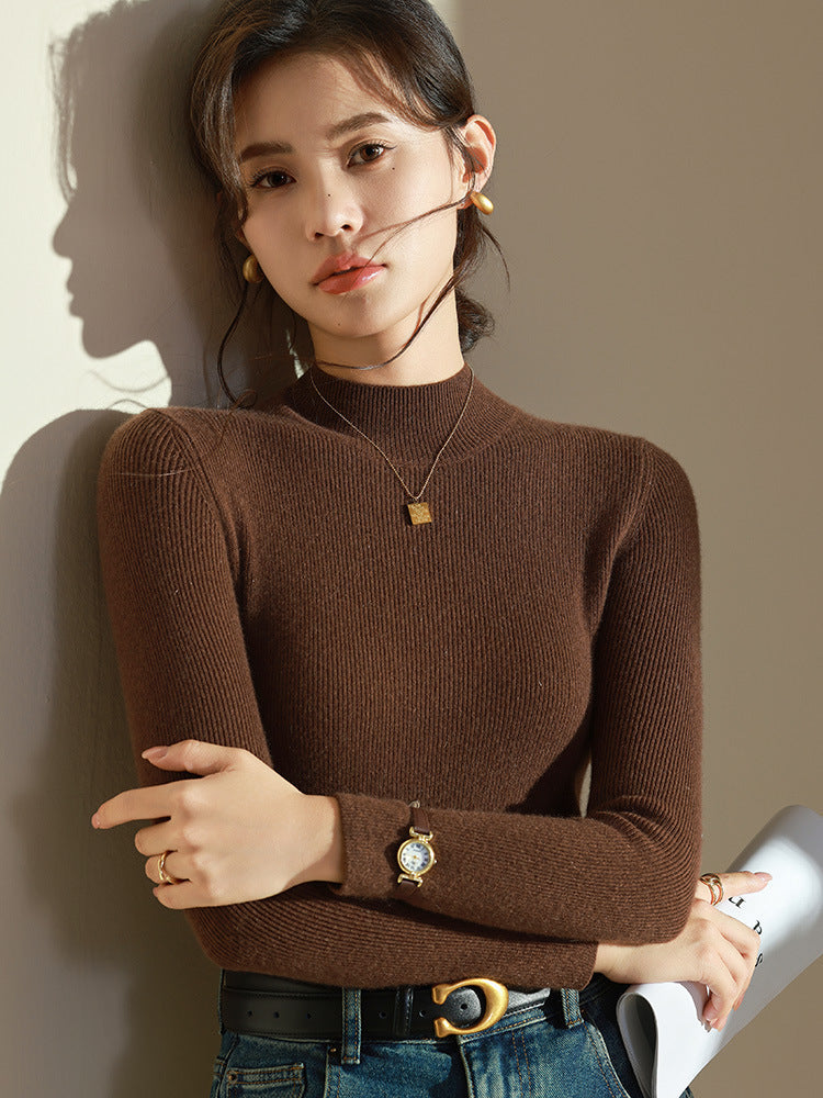 Knit Sweater Womens Rib Mock Neck Long Sleeve Extended Cuff Fitted
