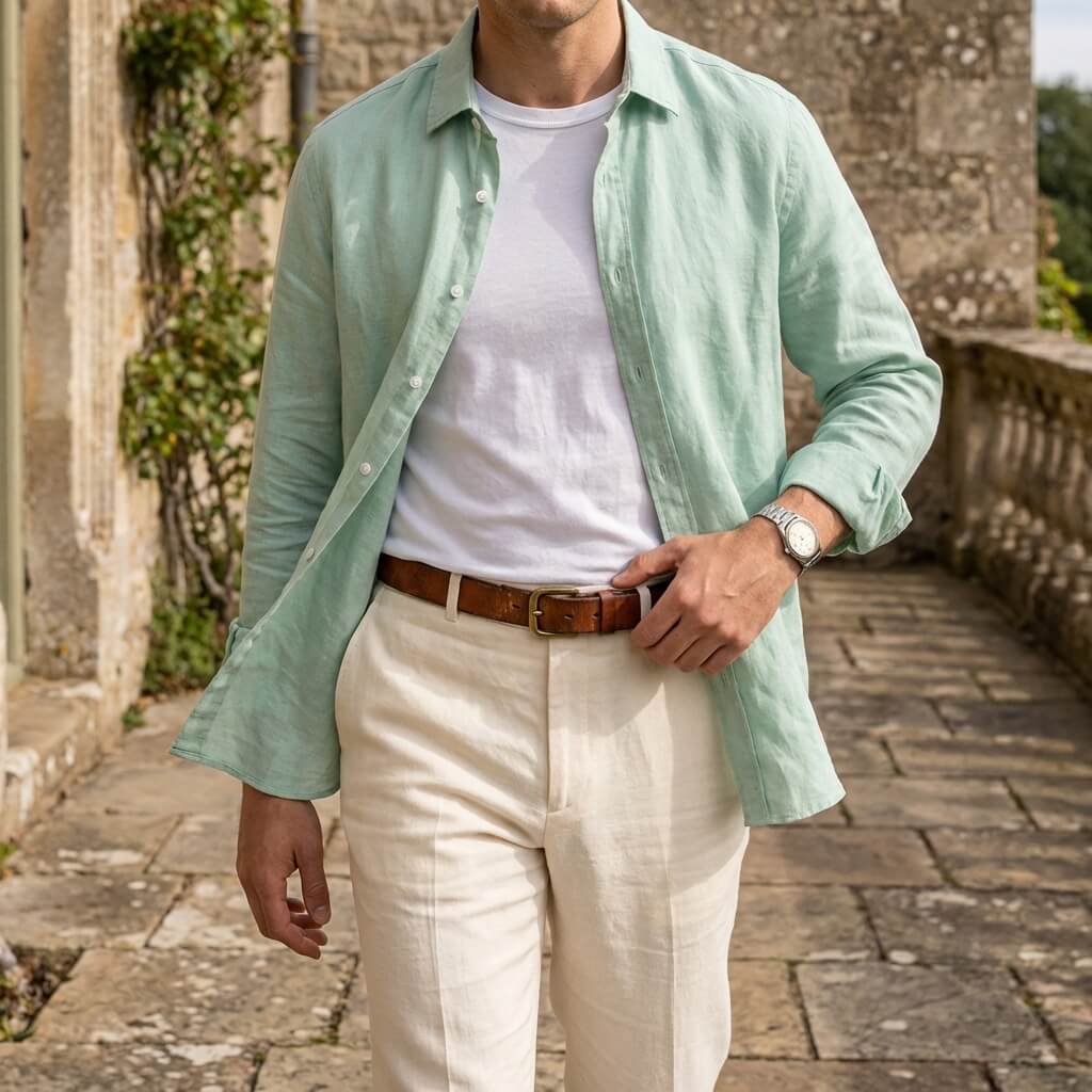 Spread Collar Linen Long Sleeve Shirt for Men