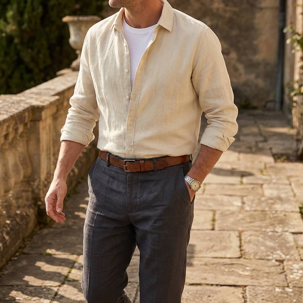 Spread Collar Linen Long Sleeve Shirt for Men