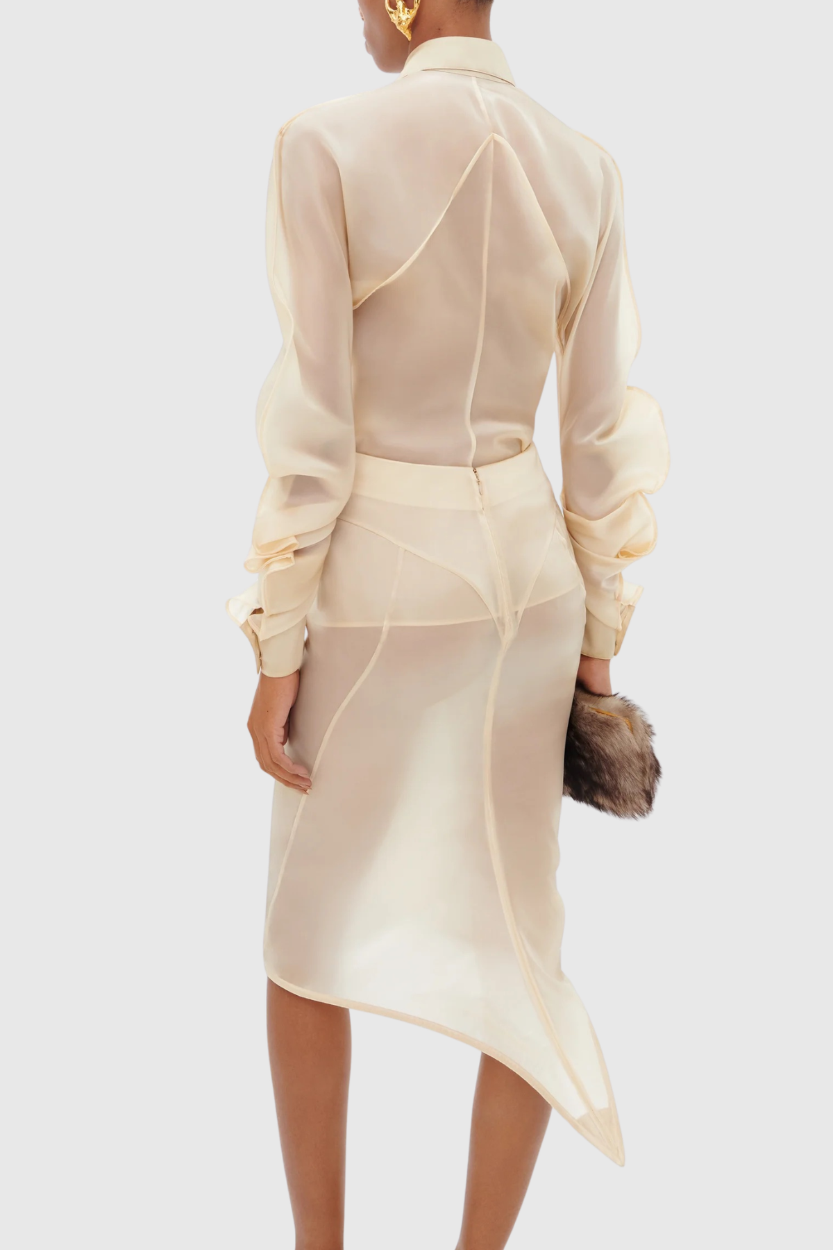 Sheer Button-Up Shirt & Skirt, Beige
