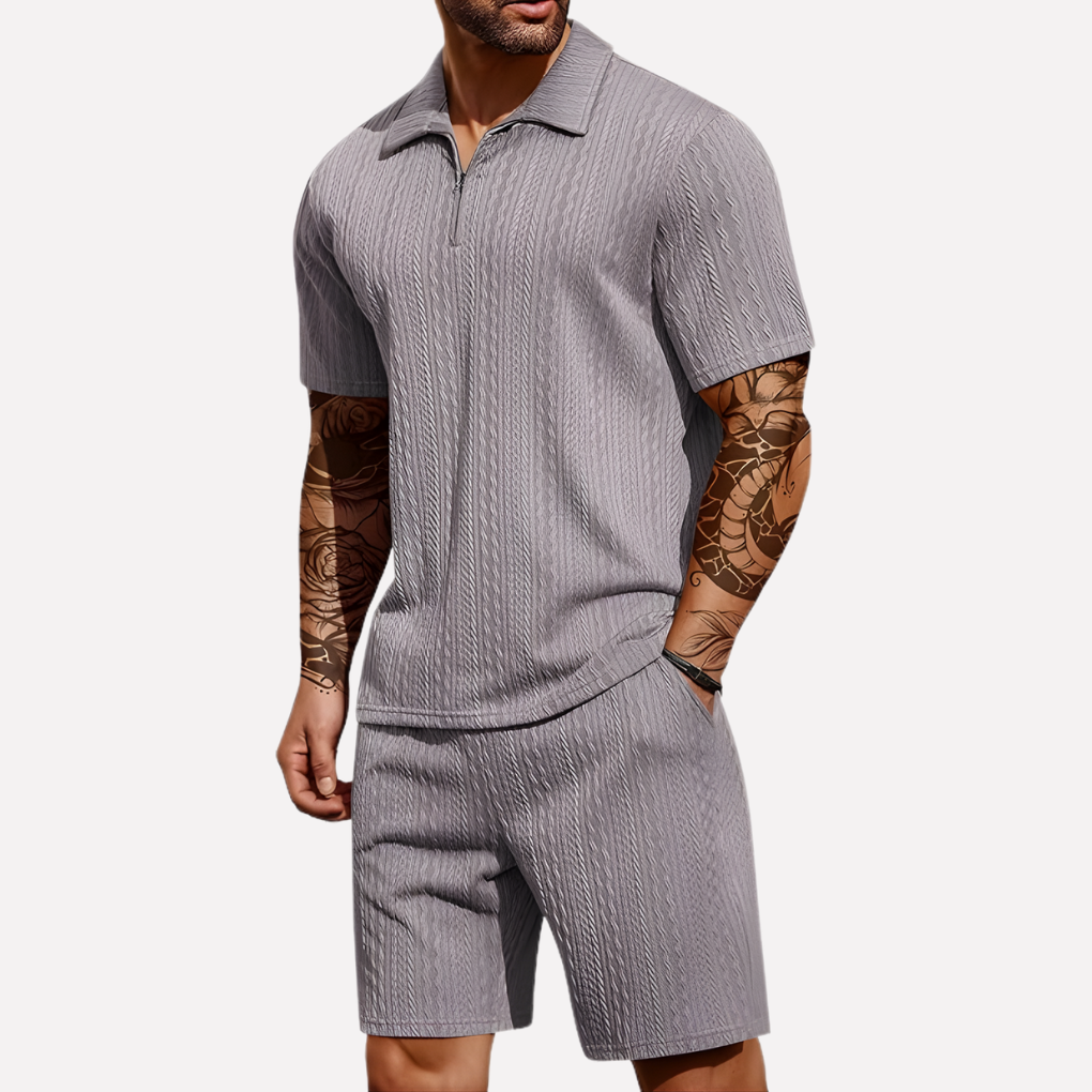 Men's Textured Zip Neck Short Sleeve Shorts Set