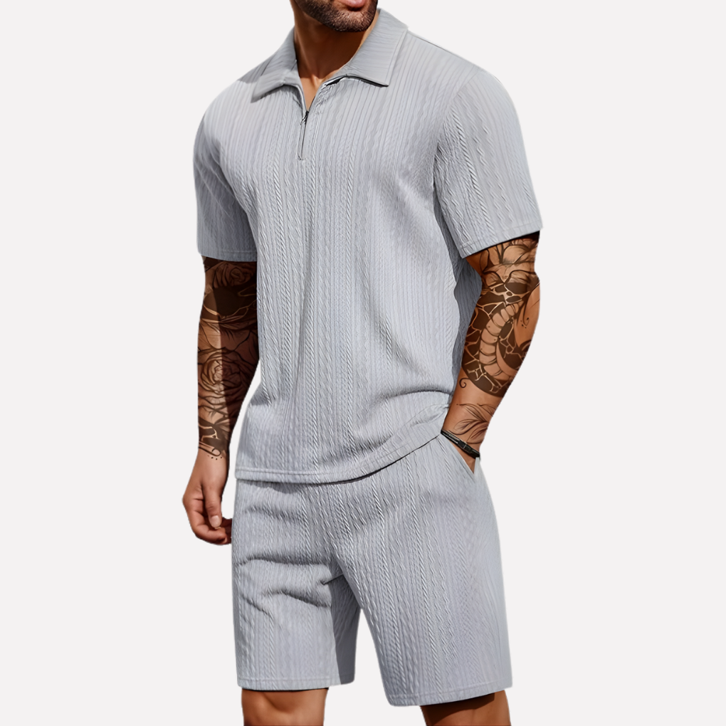 Men's Textured Zip Neck Short Sleeve Shorts Set