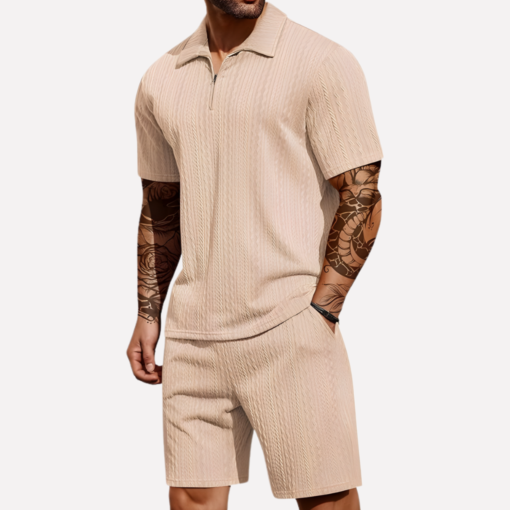 Men's Textured Zip Neck Short Sleeve Shorts Set