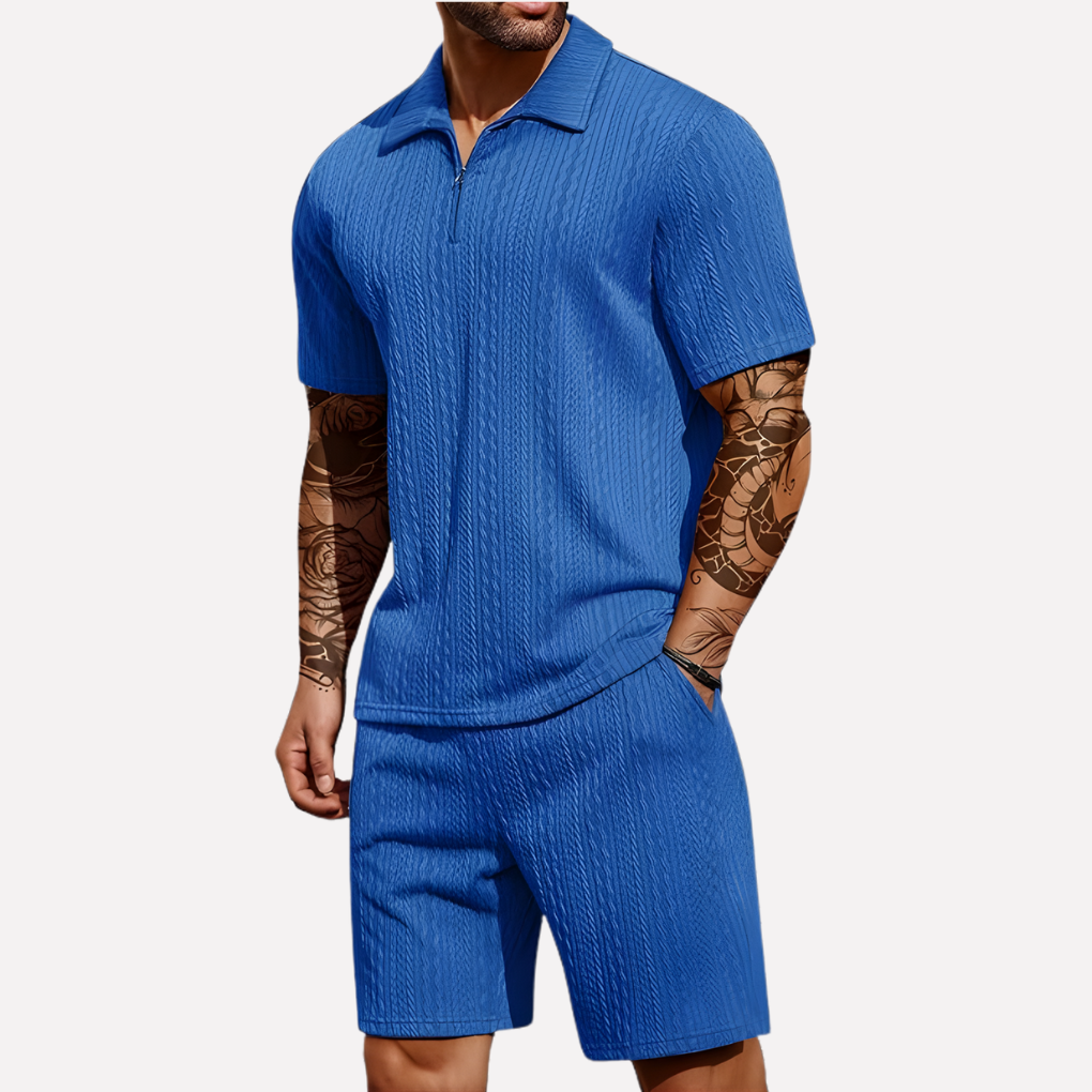 Men's Textured Zip Neck Short Sleeve Shorts Set