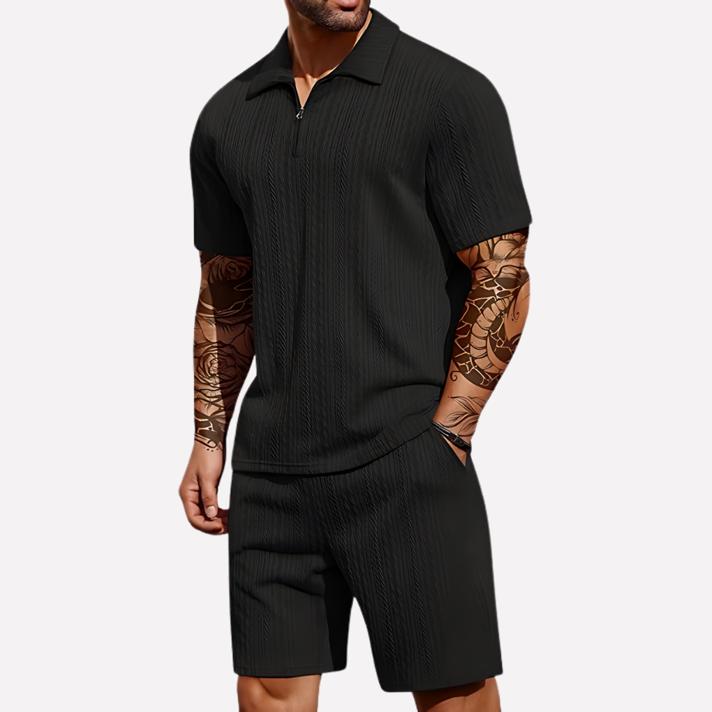 Men's Textured Zip Neck Short Sleeve Shorts Set