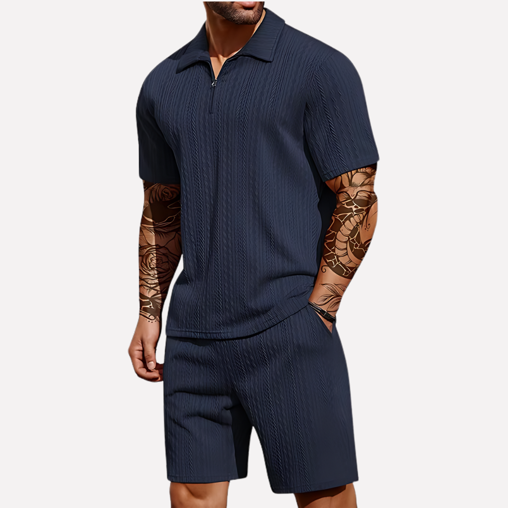 Men's Textured Zip Neck Short Sleeve Shorts Set