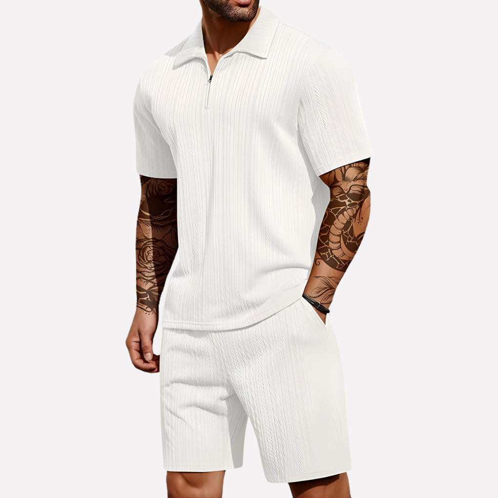 Men's Textured Zip Neck Short Sleeve Shorts Set
