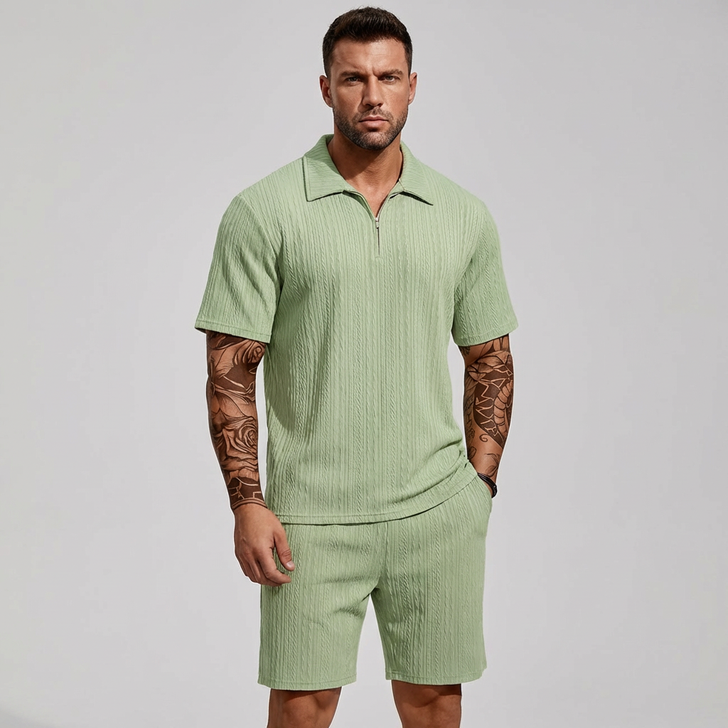 Men's Textured Zip Neck Short Sleeve Shorts Set