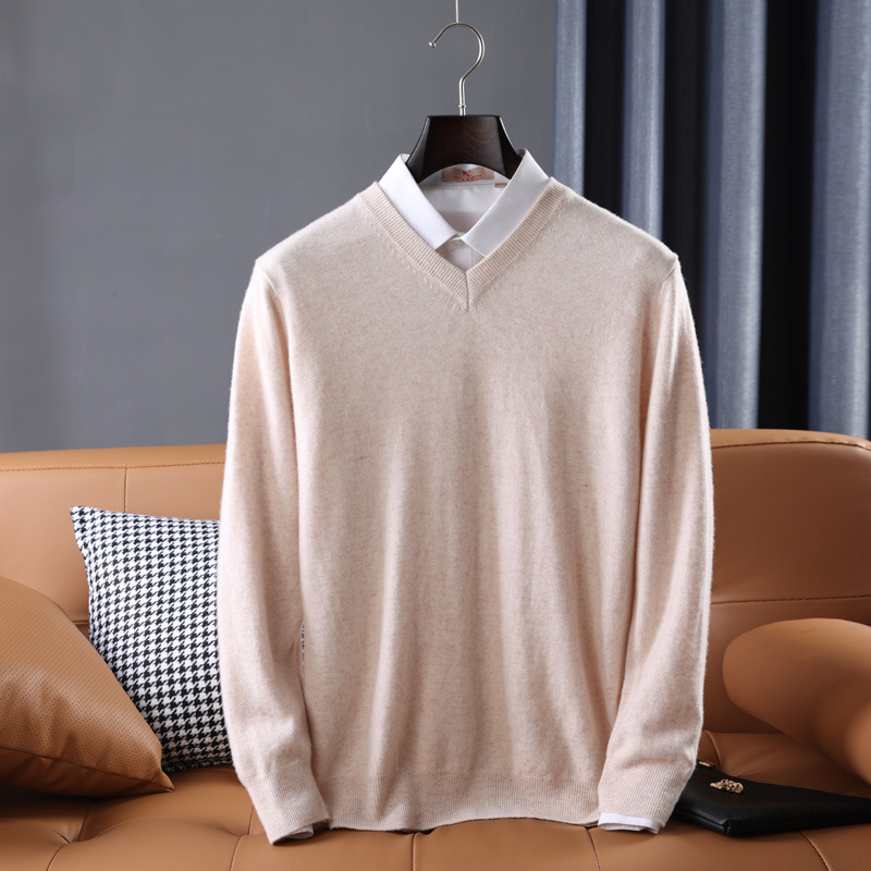 Wool Sweater Mens V Neck Midweight Ribbed Trim Knit