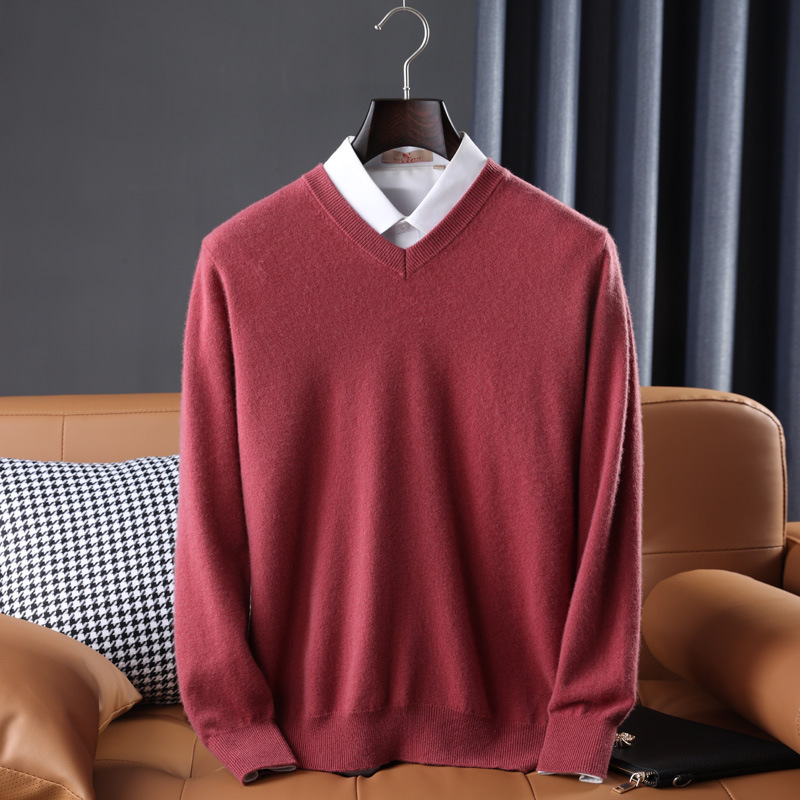 Wool Sweater Mens V Neck Midweight Ribbed Trim Knit