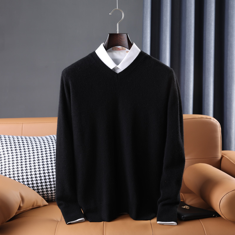 Wool Sweater Mens V Neck Midweight Ribbed Trim Knit
