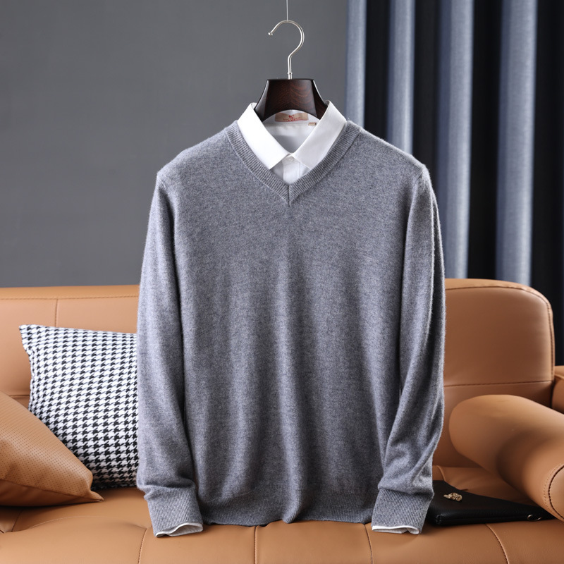Wool Sweater Mens V Neck Midweight Ribbed Trim Knit