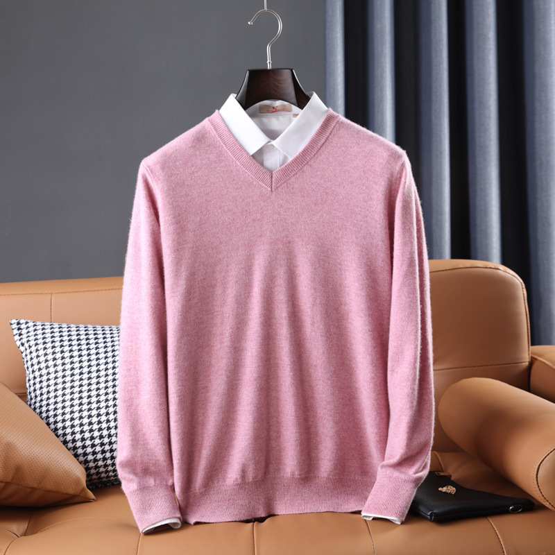 Wool Sweater Mens V Neck Midweight Ribbed Trim Knit