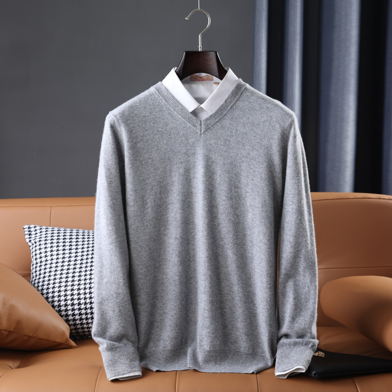 Wool Sweater Mens V Neck Midweight Ribbed Trim Knit