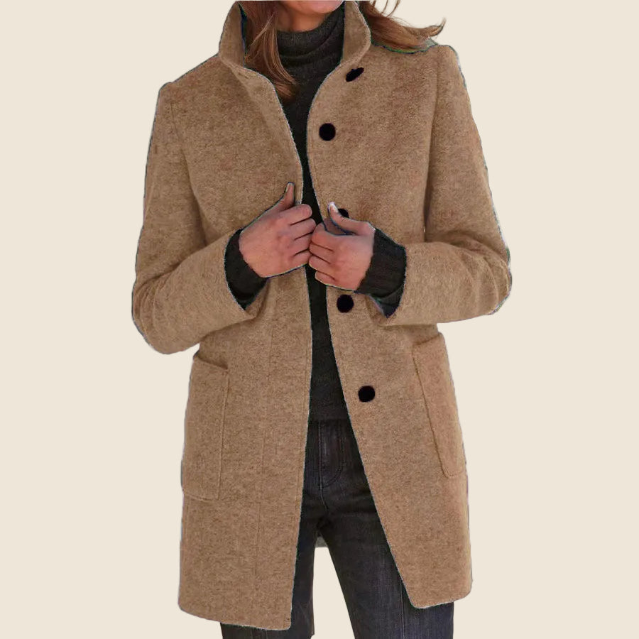 Wool Coat Womens Knee Length Stand Collar Patch Pockets Straight