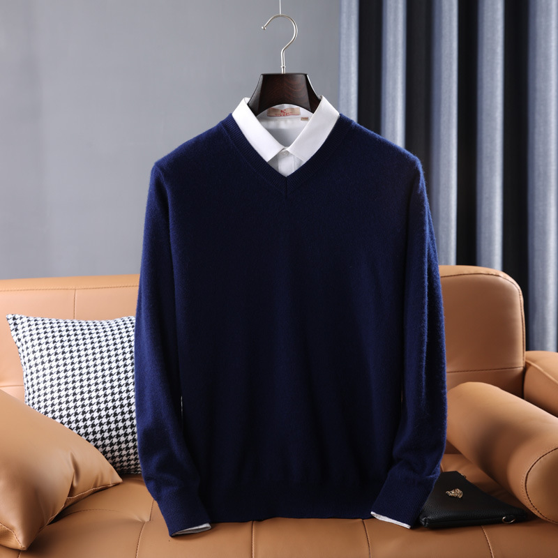 Wool Sweater Mens V Neck Midweight Ribbed Trim Knit