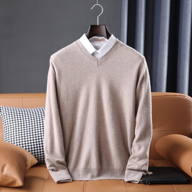 Wool Sweater Mens V Neck Midweight Ribbed Trim Knit