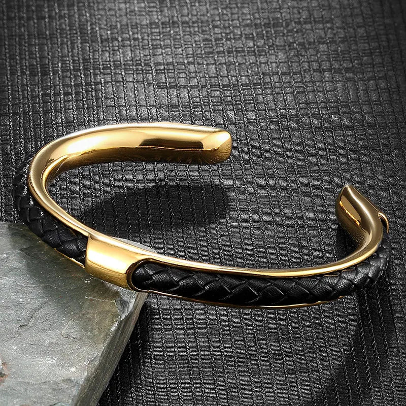 Cuff Bracelet Mens Braided Leather Stainless Steel
