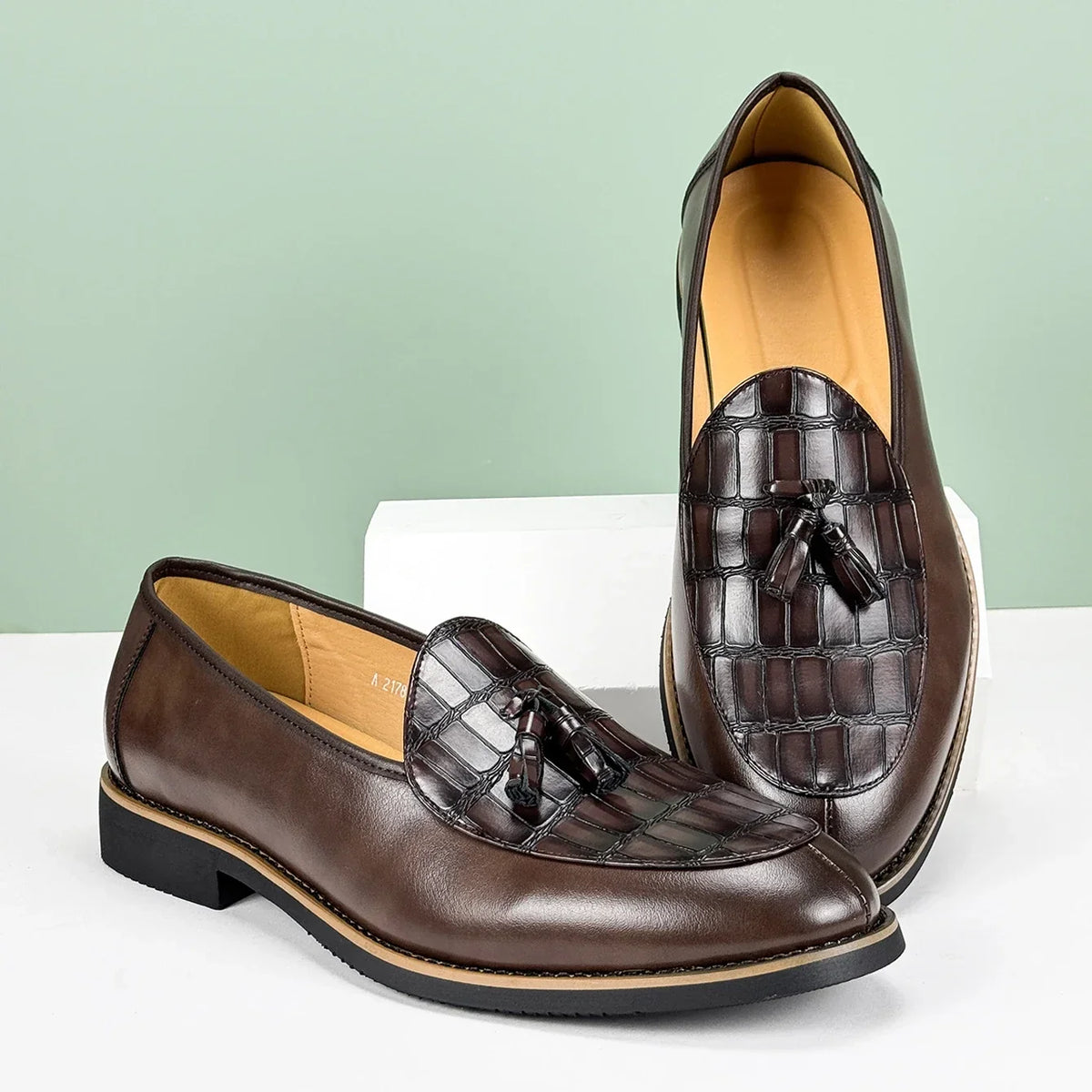 Croc Embossed Leather Tassel Loafers for Men
