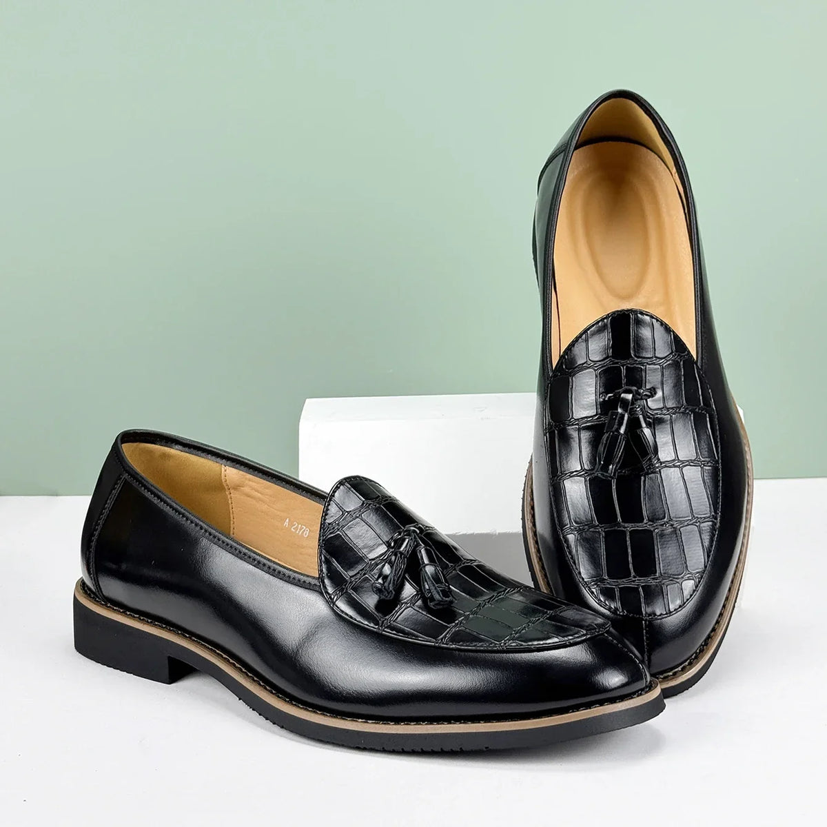 Croc Embossed Leather Tassel Loafers for Men