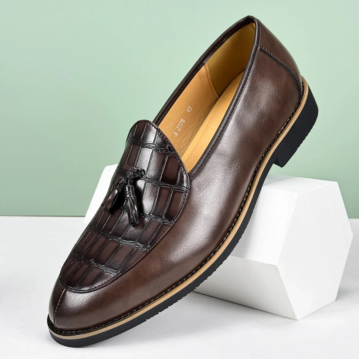 Croc Embossed Leather Tassel Loafers for Men