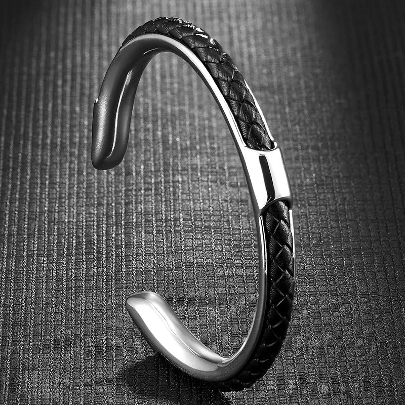 Cuff Bracelet Mens Braided Leather Stainless Steel