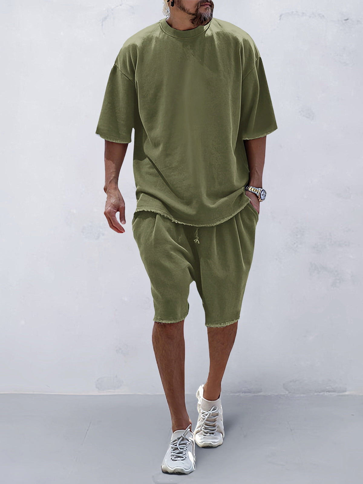 Men's Cotton Loose-Fit Tee & Shorts Set in Army Green