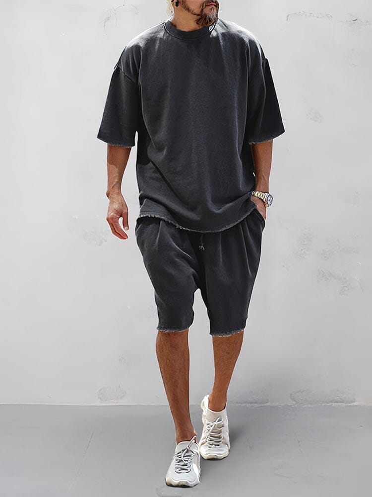 Men's Cotton Loose-Fit Tee & Shorts Set in Black
