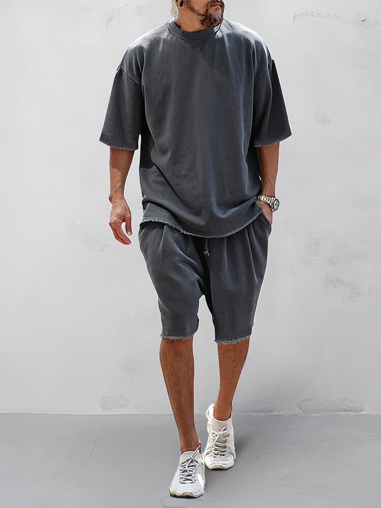 Men's Cotton Loose-Fit Tee & Shorts Set in Dark Gray