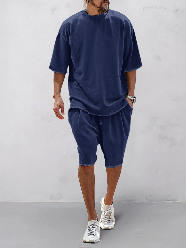 Men's Cotton Loose-Fit Tee & Shorts Set in Navy Blue