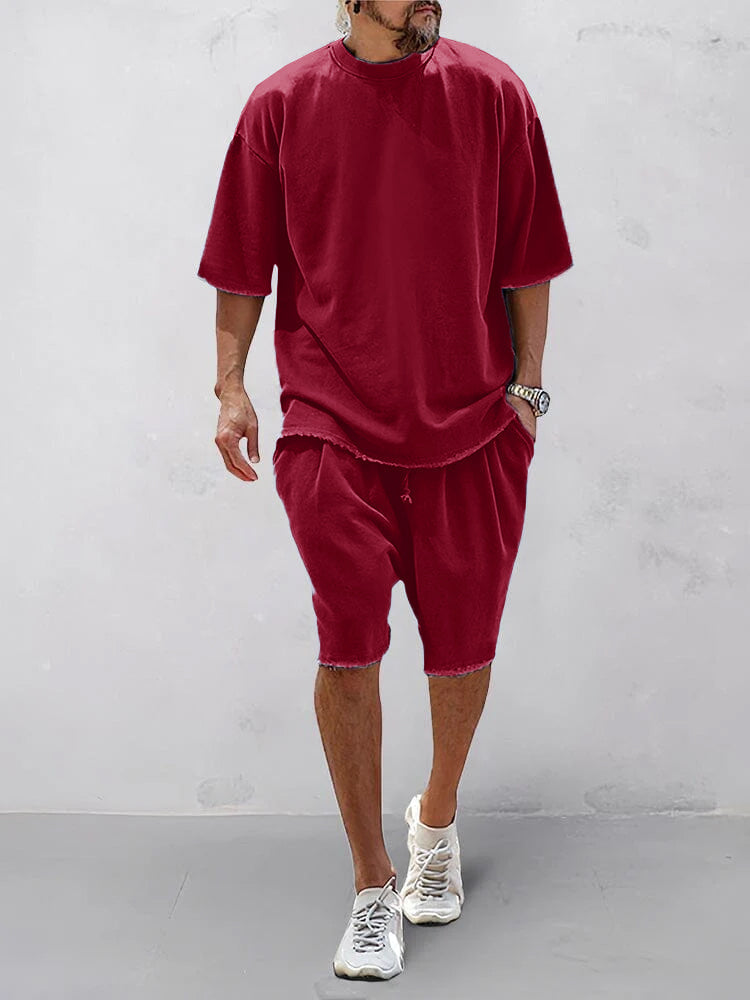 Men's Cotton Loose-Fit Tee & Shorts Set in Red