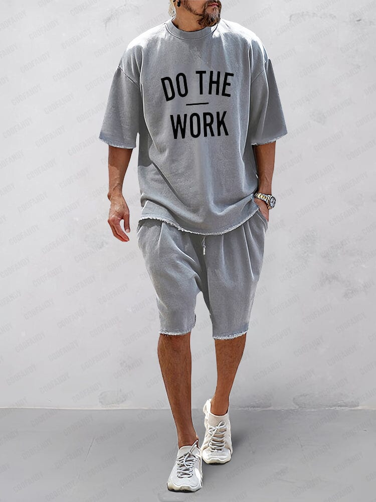 Men's Cotton Loose-Fit Tee & Shorts Set in Gray Print
