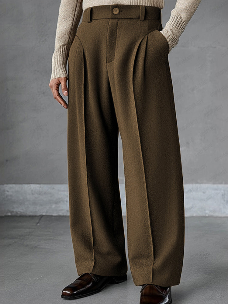 Men's Pleated Wide-Leg Trousers in Brown