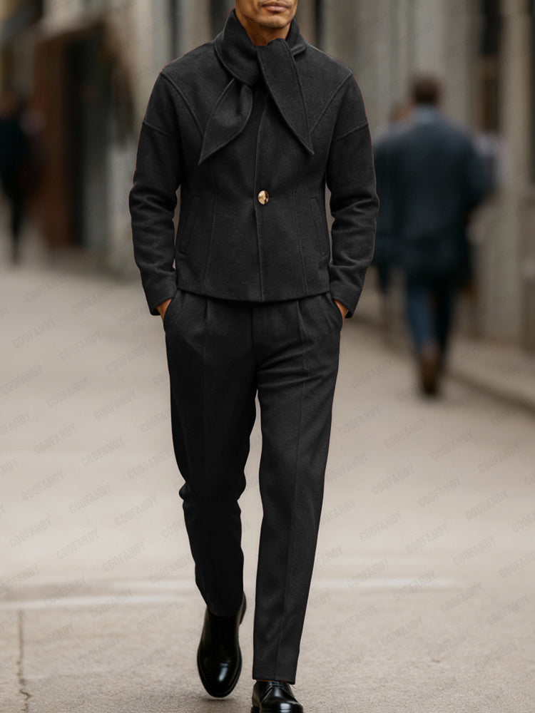 Men's Bow Tie Collar Blazer & Pants Set in Black