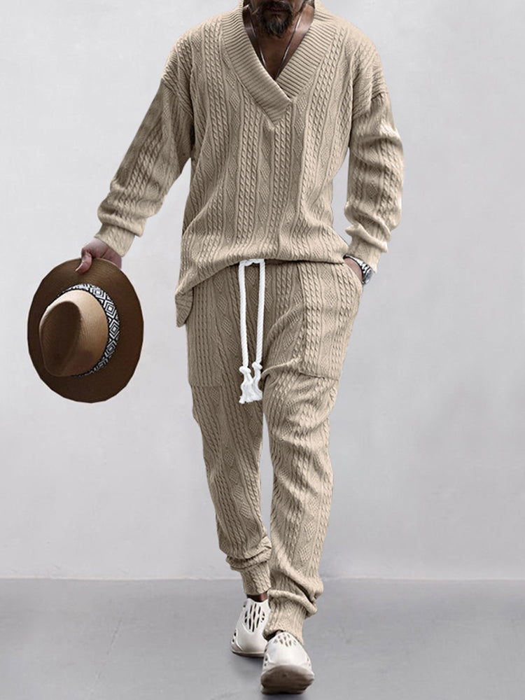 Men's Cable Jacquard V-Neck Lounge Set in Khaki