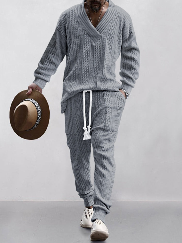 Men's Cable Jacquard V-Neck Lounge Set in Gray