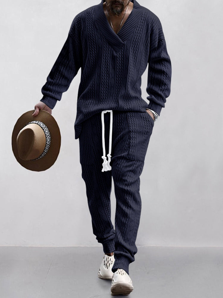 Men's Cable Jacquard V-Neck Lounge Set in Navy Blue