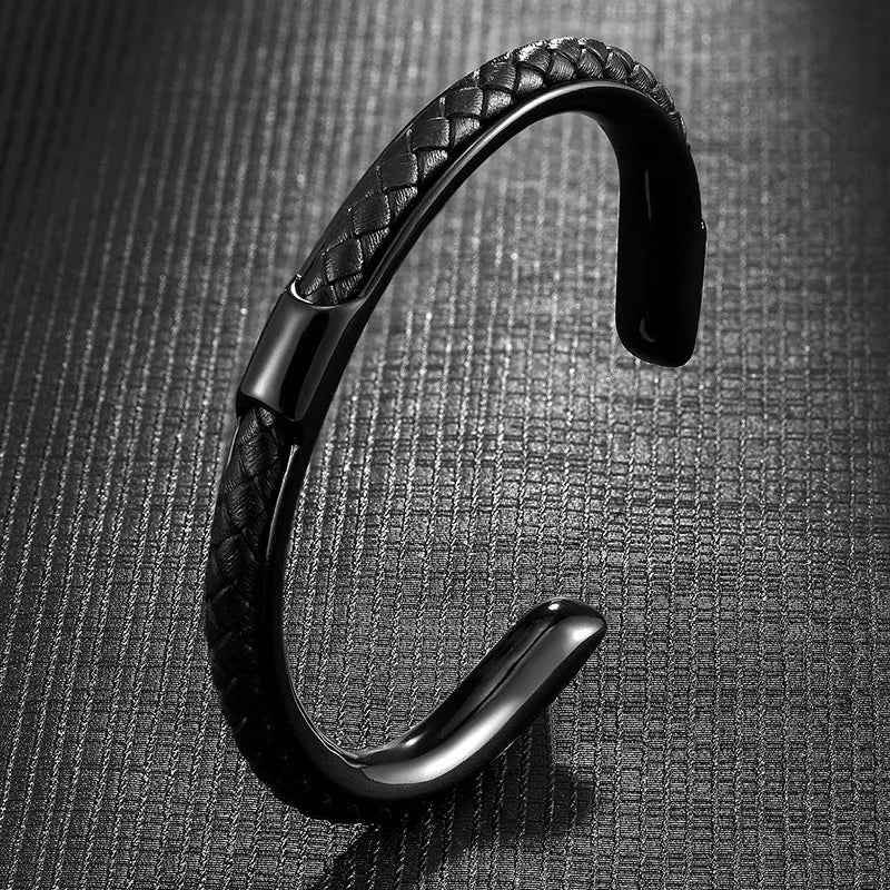 Cuff Bracelet Mens Braided Leather Stainless Steel