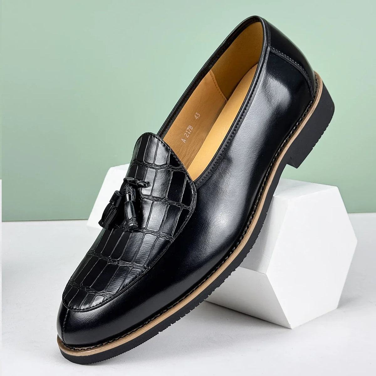 Croc Embossed Leather Tassel Loafers for Men