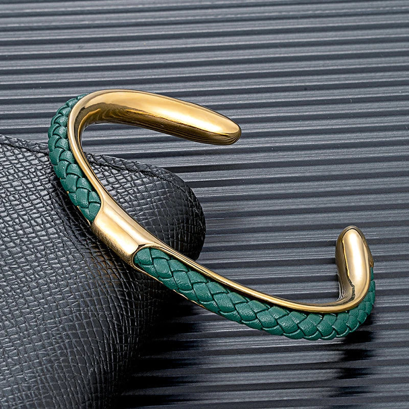 Cuff Bracelet Mens Braided Leather Stainless Steel