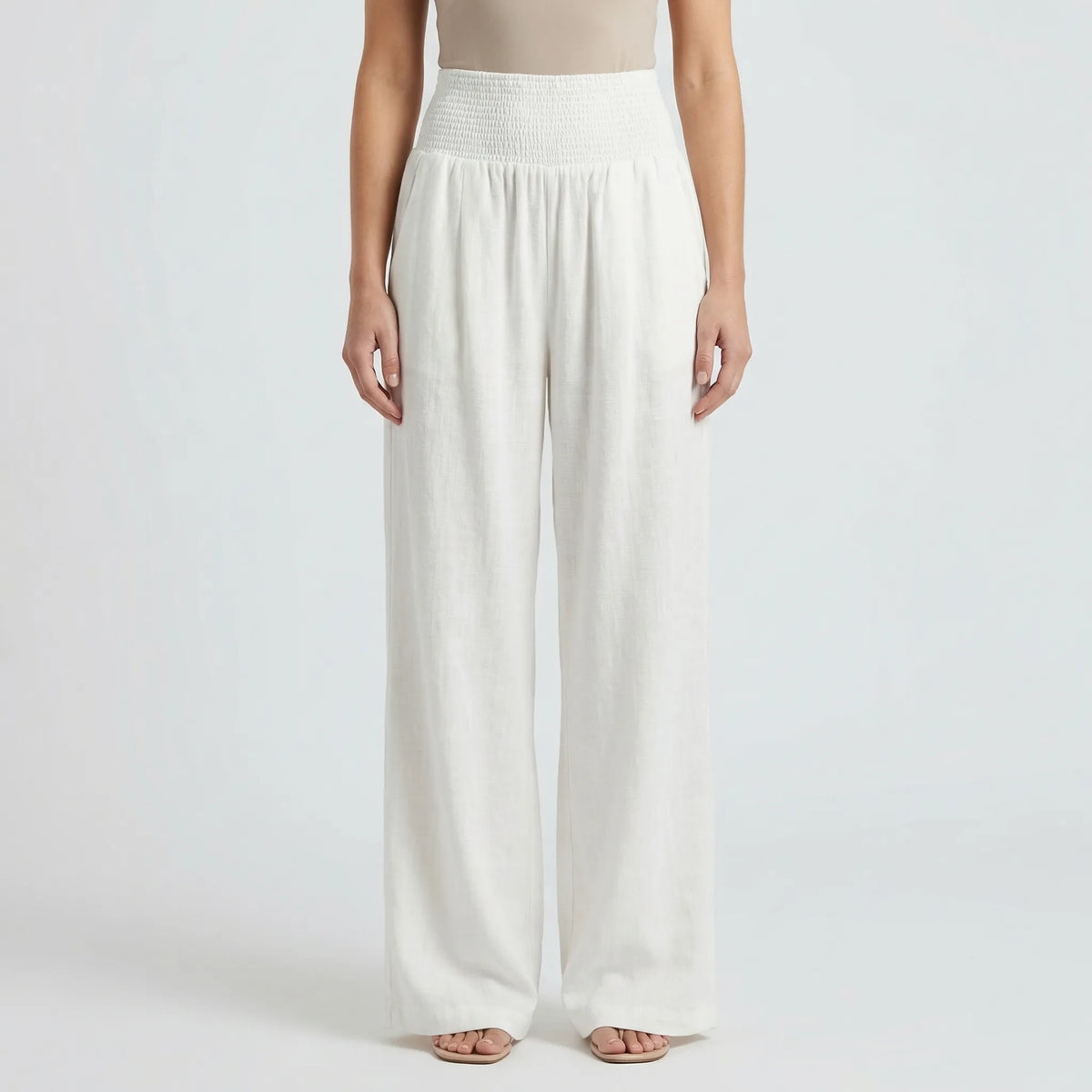 Women's Wide Leg Linen Pants Smocked High Waist