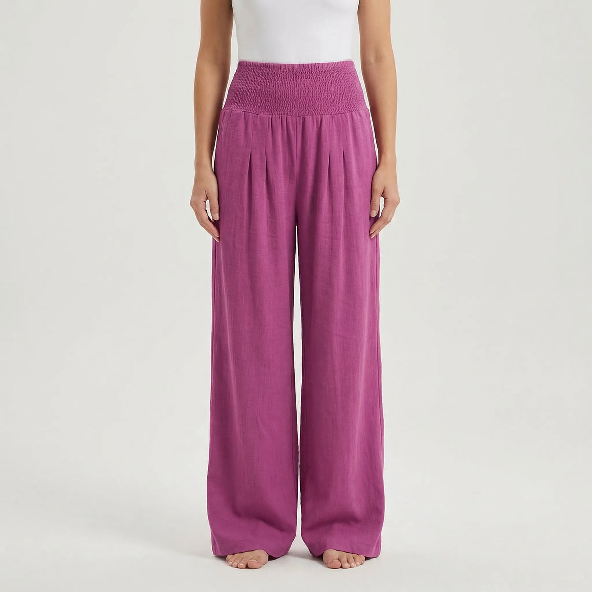 Women's Wide Leg Linen Pants Smocked High Waist